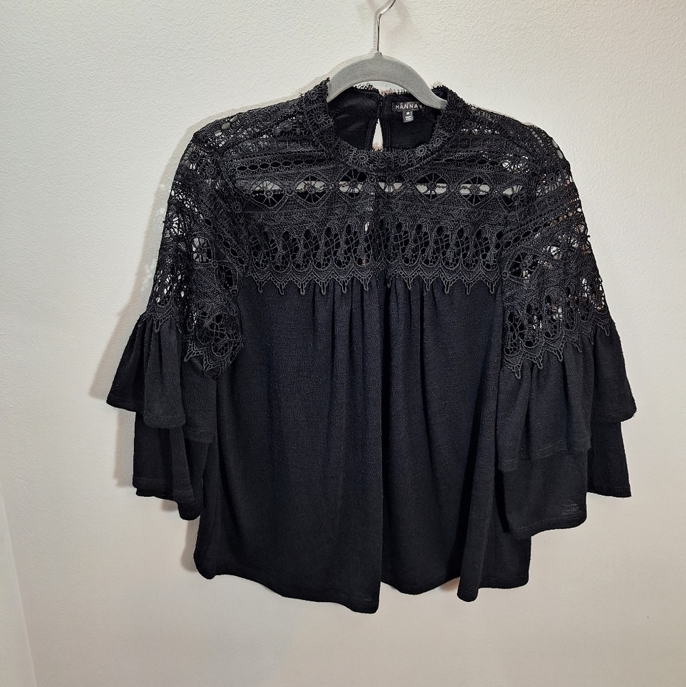 Black Crochet Lace Top 3/4 Bell Sleeve Whimsigoth Witchy Boho Flowy Goth Medium
